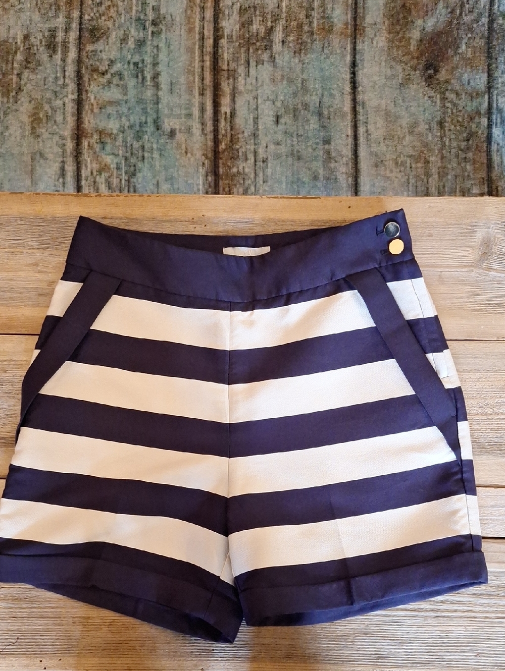H&M Navy and White High Waist Striped Shorts
